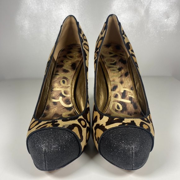 Sam Edelman Women Shoes Frances Leopard High Heels Sparkle Leather Brown Sz 7 - Picture 2 of 14